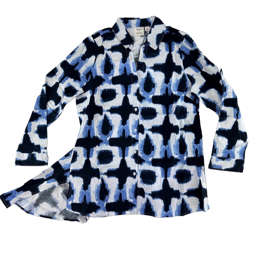 Truth + Style Stretch Poplin Asymmetrical Woven Button Frontβ Medium Blue